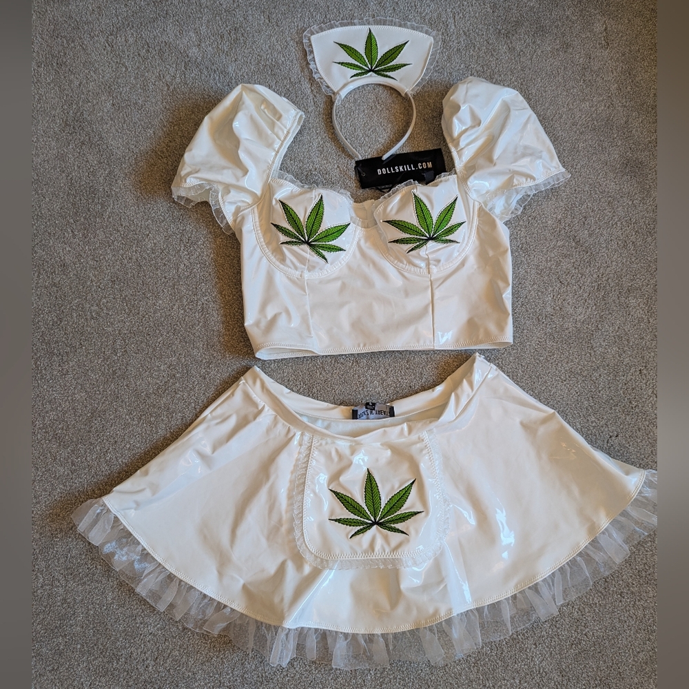 Dolls Kill White Crop Top and Skirt Set with Green Leaf Design